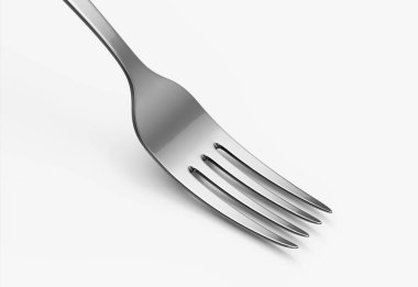 Parlak dişleri ve yansıtıcı bir yüzeyi olan parlak gümüş bir çatalın yakın çekimi. 3d illüstrasyon