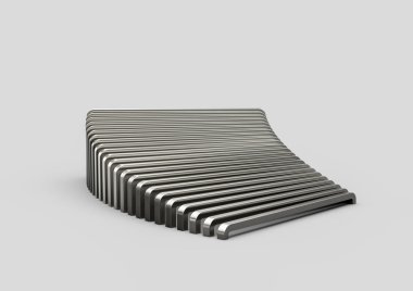 Zımbaların kıvrımlı dizilişi parlak ve soyut bir metalik desen oluşturuyor..