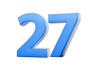 3D numara 27. Mavi gövdeden yapılmış 27 numara. Üç boyutlu gümüş dış görünüş.