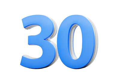 3D numara. Mavi gövdeden yapılmış 30 numara. Üç boyutlu gümüş kaplama.