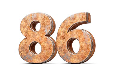 Seksen altı numara. Eski paslı Demir Metal desenli 86 basamak. Beyaz Arka plan 3D Görüntü