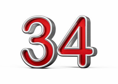 34 numaralı canlı kırmızı metal parıltılı ve kıvrımlı kenarlı 3D resim.