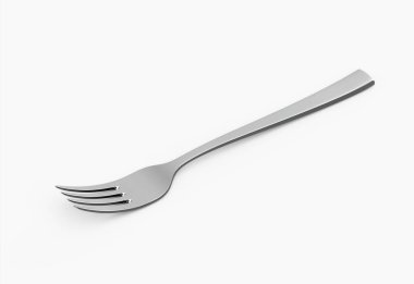 Parlak paslanmaz çelik çatal, yansıtıcı bir kaplama ve hafif kıvrımlı bir sapı var. 3B Görüntü