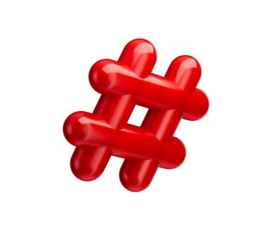 Sosyal medyayı ve çevrimiçi bağlantıyı temsil eden parıltılı bir kırmızı 3D hashtag sembolü. 3B Görüntü