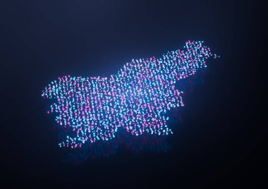 Aydınlatılmış Slovenya Dijital Veri Haritası Pembe ve Mavi Neon Parlayan Parçacıklar 3B İllüstrasyon