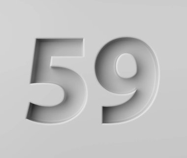 Parlak Beyaz 59 numara. Gizemli gölgeyle süslenmiş 59 numara. Üç boyutlu görüntü.