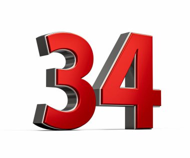 Kalın Kırmızı 34 numara Parlak Metalik Beyaz Arkaplan 3D Görüntü
