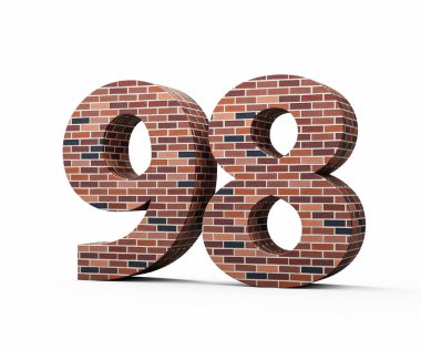 Duvarın doksan sekiz numarası 98 haneli renkli tuğla duvarı 3D illüstrasyon
