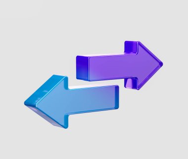 Mor ve mavi renkte, solu ve sağı gösteren iki tane parlak 3D ok. 3B Görüntü.