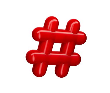 Sosyal medyayı ve çevrimiçi bağlantıyı temsil eden parıltılı bir kırmızı 3D hashtag sembolü. 3B Görüntü