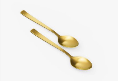 Pürüzsüz kıvrımları ve düz sapı olan iki altın kaşık yemek için mükemmel. 3d illüstrasyon