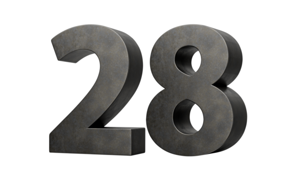 28 numara. Gri, pürüzsüz, üç boyutlu resimden yapılmış 28 numara.