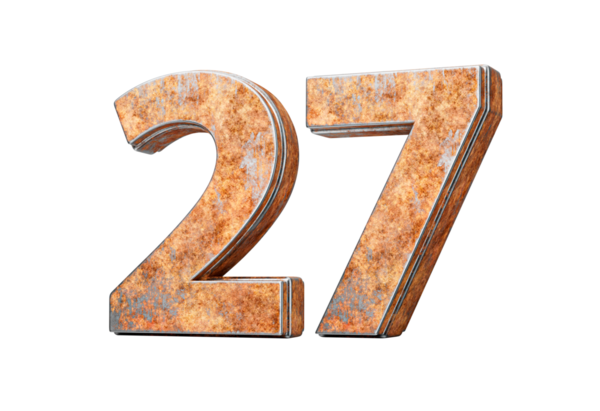 Yirmi yedi numara. Eski paslı demir metal desenli 27 basamaklı. 3 boyutlu görüntü.
