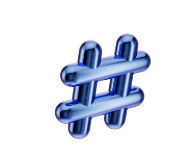 Sosyal eğilimleri sembolize eden mavi krom kaplamalı 3 boyutlu metal etiket simgesi. 3B Görüntü.