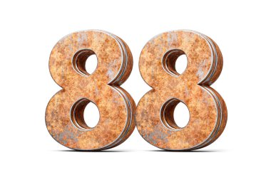 Seksen sekiz numara. Eski paslı demir metal desenli 88 basamak. Beyaz arka plan 3 boyutlu görüntü.