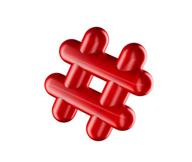 Sosyal medyayı ve çevrimiçi bağlantıyı temsil eden parıltılı bir kırmızı 3D hashtag sembolü. 3B Görüntü