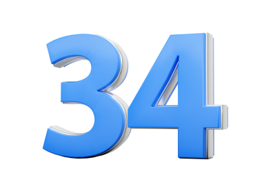 3D numara 34 34. Mavi gövdeden yapılmış, gümüş kaplama 3D tasvirli.