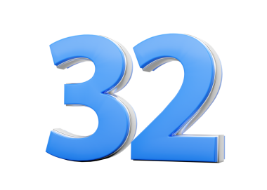 3D numara 32. 32. Mavi gövdeden yapılmış, 3 boyutlu gümüş dış görünüş.