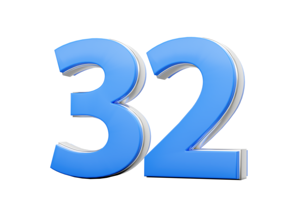 3D numara 32. 32. Mavi gövdeden yapılmış, 3 boyutlu gümüş dış görünüş.