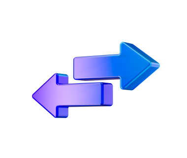 Mor ve mavi renkte, solu ve sağı gösteren iki tane parlak 3D ok. 3B Görüntü.