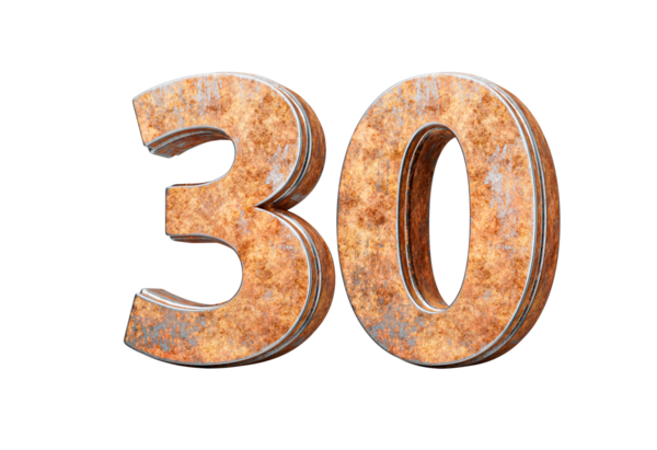Eski paslı demir metal desenli 3D resimden yapılmış 30 numara.
