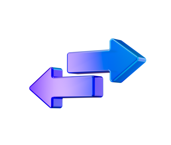 Mor ve mavi renkte, solu ve sağı gösteren iki tane parlak 3D ok. 3B Görüntü.