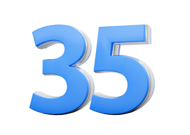 3D numara 35. Mavi vücuttan yapılmış 35 numara, gümüş kaplamalı 3D resim.