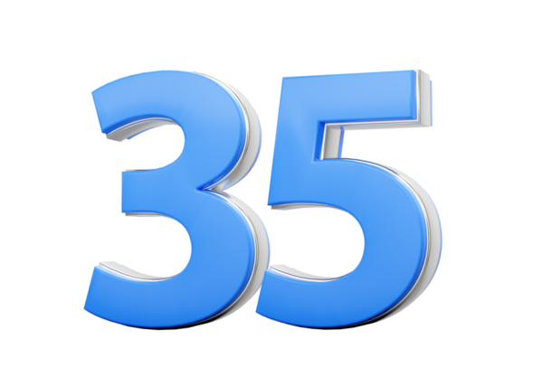 3D numara 35. Mavi vücuttan yapılmış 35 numara, gümüş kaplamalı 3D resim.