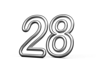 28 numara. Gümüş Metalik Beyaz Arkaplan 3D Görüntü