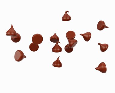 3d Sütlü Çikolata Parçacıkları ya da Çikolata Morsları Hava Beyaz Arkaplanda Dağıtılmış 3d İllüstrasyon