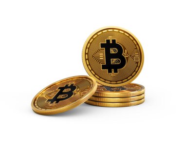 3D Altın Kripto Para Yığını Bitcoin Parlak Yuvarlak Paralar Beyaz Arkaplan 3D Görüntü