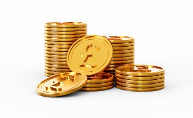 3D Yığınla Altın İngiliz Pound Sikkeleri Parlak Yuvarlak Paralar Beyaz Arkaplanda 3 boyutlu Görüntü