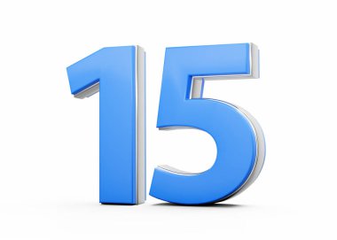 3 boyutlu 15 numara. Mavi vücuttan yapılmış 15 numara. Beyaz arka planda gümüş çizgili.