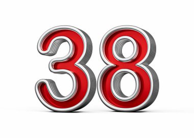 38 numaralı canlı kırmızı metal parıltılı ve kıvrımlı kenarlı 3D resim.