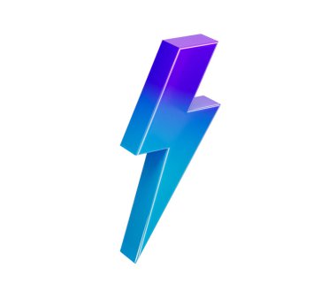 Çarpıcı bir 3 boyutlu yıldırım simgesi, mor-mavi eğimli ve heyecan verici bir görünüme sahip. 3d illüstrasyon