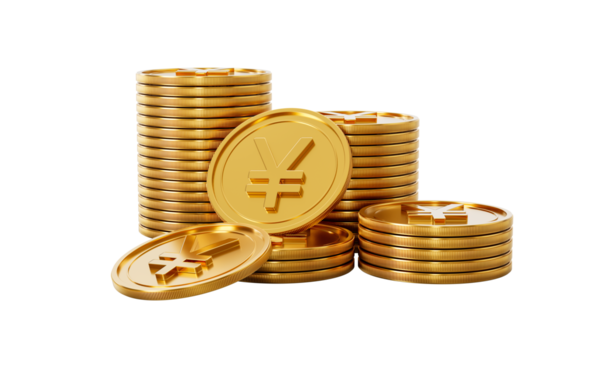 3D Altın Japon Yen Paraları Yığını Parlak Yuvarlak Paralar Yığını 3D İllüstrasyon