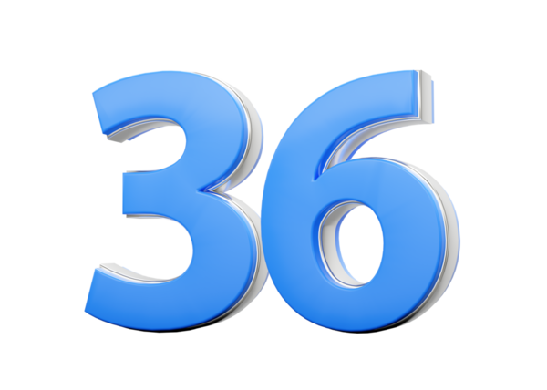3D 36 numara. Mavi gövdeden yapılmış 36 numara. Üç boyutlu gümüş kaplama.