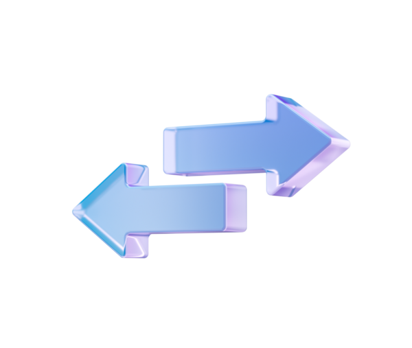 3D ok simgesi yumuşak mavi ve mor renkte, ticareti ve transferi sembolize ediyor. 3d illüstrasyon