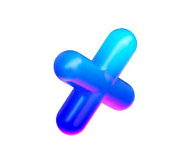 Parlak neon mavi eğimli ve yansıtıcı yüzeyi olan 3d çarpma sembolü. 3d illüstrasyon