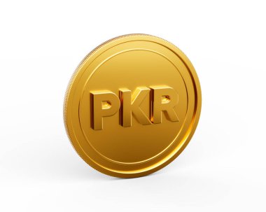 3D Altın Parlak Yuvarlak Pakistanlı Rupi PKR Parası Beyaz Arkaplanda İzole Edildi 3D Görüntü