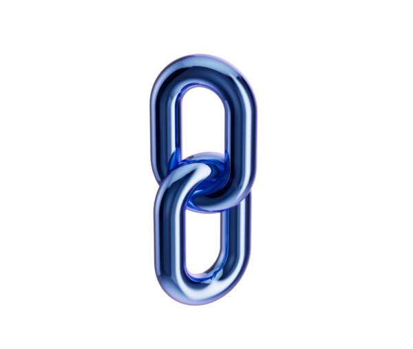 Parlak bir kapağı olan üç boyutlu metalik mavi zincir halkası bağlantıyı ve birliği simgeliyor. 3d illüstrasyon