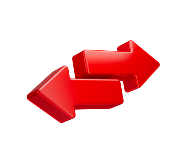 3D İki Kırmızı Ok takası ve transferi sembolize ediyor. 3d illüstrasyon