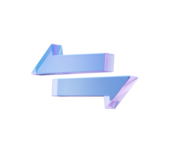 3D ok simgesi yumuşak mavi ve mor renkte, ticareti ve transferi sembolize ediyor. 3d illüstrasyon