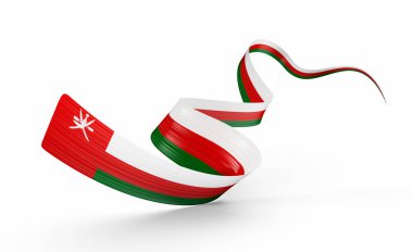 Umman 'ın 3D Bayrağı Parlak Dalgalı Umman Kurdelesi Beyaz Arkaplanda 3D Görüntü