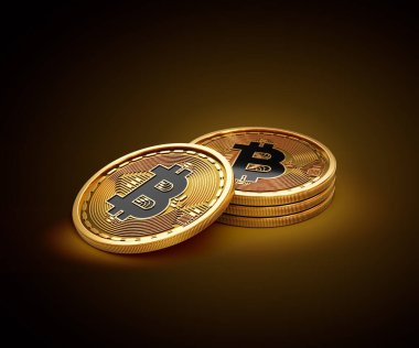Altın Kripto Para Yığını Bitcoin BTC Parlak Altın Parlak Arkaplan 3D Görüntü