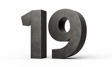 Gri, pürüzsüz demirden yapılmış 19 numara. Beyaz arka planda izole edilmiş 3 boyutlu görüntü.