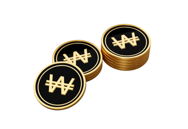 Parlak Altın ve Siyah Kore Won Bozuklukları Yuvarlak Sikkeler Yığını 3D Görüntü