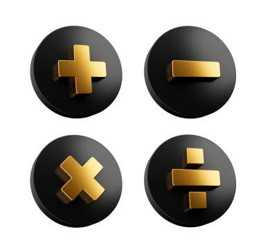 3d Altın Artı, Eksi, Çarpma ve Bölme Sembolü Yuvarlak Siyah Simgeler, 3D illüstrasyon