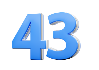 3D numara 43. Mavi gövdeden yapılmış, 3 boyutlu gümüş kaplama.