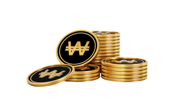 Yığınla Altın ve Siyah Kore Won Parası Parlak Altın Parıltı 3D Görüntü üzerine kurulmuş